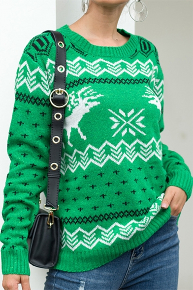 Womens Funny Green Christmas Tree Printed Crew Neck Long Sleeve Knitted Sweater in Loose Fit