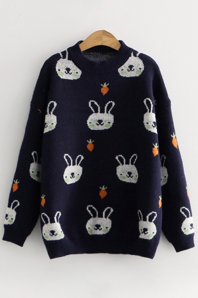 Womens Sweater Chic Rabbit Carrot Pattern Rib Trim Long Drop-Sleeve Relaxed Fitted Round Neck Sweater