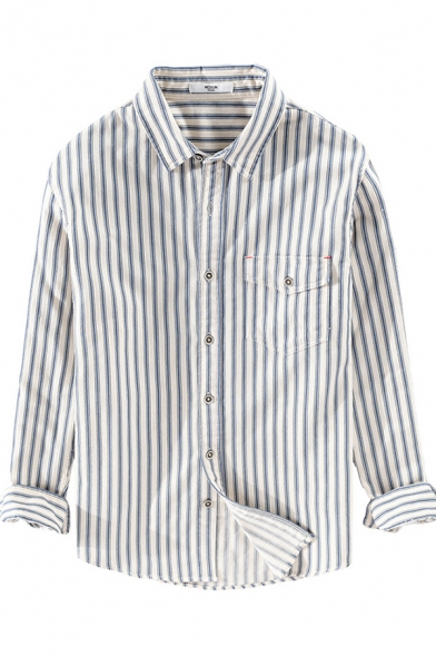 Basic Mens Shirt Stripe Pattern Chest Pocket Cotton Button down Long Sleeve Spread Collar Regular Fit Shirt