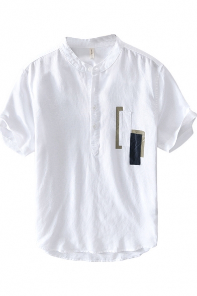 Basic Mens Tee Top Color Block Tape Panel Cotton Linen Button Detail Stand Collar Regular Fit Short Sleeve Tee Top