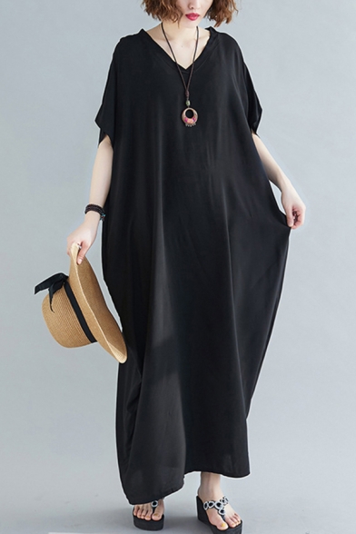 Basic T-Shirt Dress Solid Color V Neck Short Sleeves Relaxed Fit Long T-Shirt Dress for Women