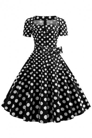 Basic Womens Dress Polka Dot Pattern Plain Button Detail Tie Waist Short Sleeve Midi A-Line Slim Fitted Square Neck Swing Dress