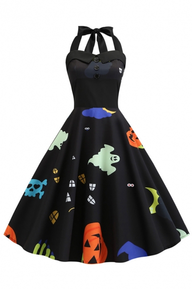 Basic Womens Dress Pumpkin Bat Ghost Cat Cobweb Broom Hat Print Tie-Halter Sweetheart Neck Sleeveless A-Line Slim Fitted Midi Swing Dress