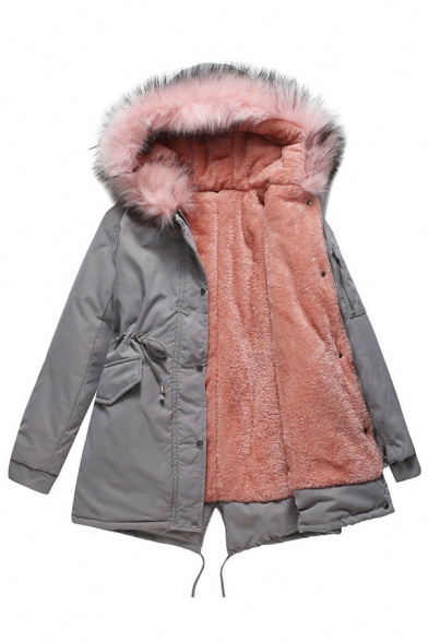 Basic Womens Parkas Solid Color Detachable Fur Trimmed Hood Thickened Zipper Detail Mid-Length Long Sleeve Slim Fit Parkas