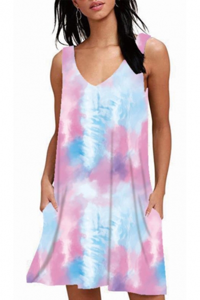 Leisure Tank Dress Tie Dye Printed Twist Design Round Neck Sleeveless Short Tank Dress for Women