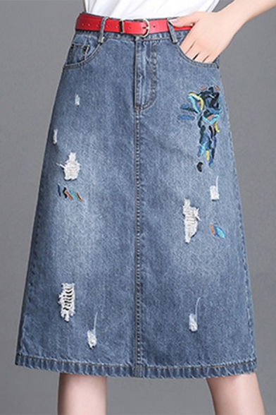Cat Embroidered Drawstring Waist Midi Denim Skirt