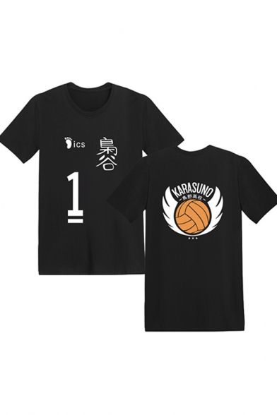 Classic Womens Tee Top Footprint Volleyball Number Japanese Letter Pattern Anime Haikyuu Regular Fit Short Sleeve Round Neck T-Shirt