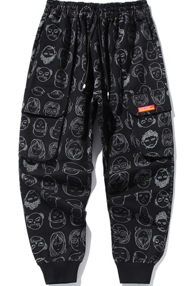 Cool Mens Pants Doodle Figure Face Pattern Cuffed Drawstring Waist Ankle Length Regular Fit Tapered Pants