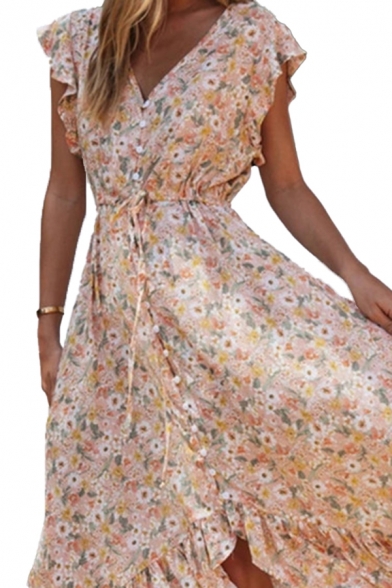 Country Girls Long Dress Flower Print Pleated Hem Tie Button-down V Neck Ruffled Cap Sleeve Flared Dress