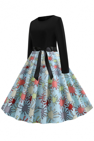 Creative Womens Dress Plaid Splash Dot Pattern Bow Tie Waist Long Sleeve Midi A-Line Slim Fitted Round Neck Swing Dress