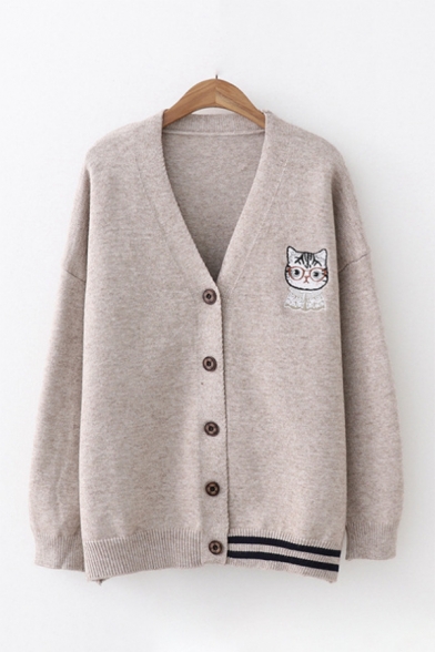 Lovely Cartoon Cat Embroidered V Neck Long Sleeve Buttons Down Comfort Cardigan