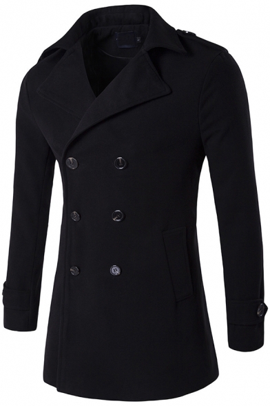 Mens Fall Stylish Notch Collar Double Breasted Slim Fit Long Profile Plain Pea Coat with Epaulets
