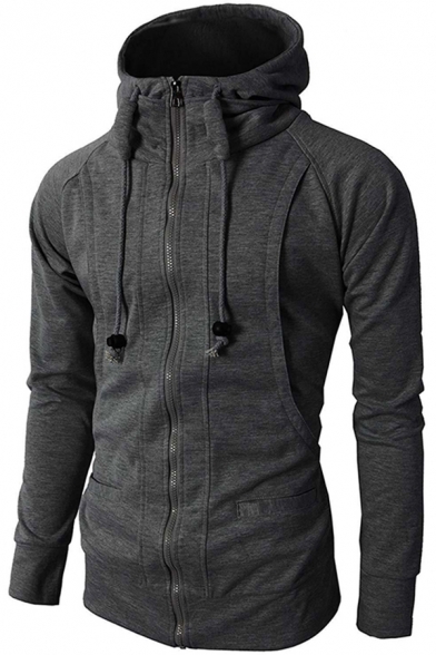 Mens Jacket Unique Solid Color Drawstring Zipper Detail Slim Fitted Long Sleeve Hooded Casual Jacket
