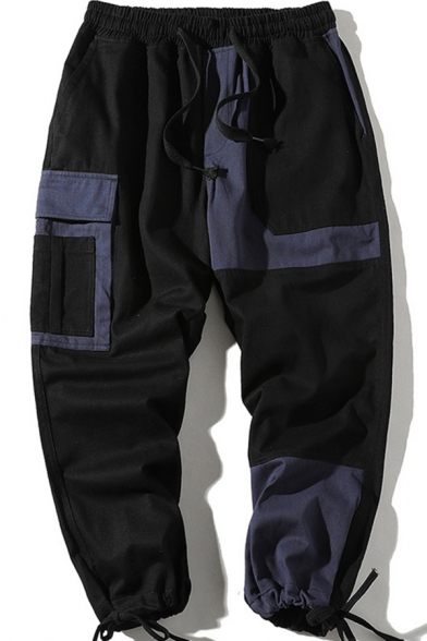 Mens Pants Simple Color Block Panel Drawstring Waist Tie Cuffs Ankle Length Regular Fit Tapered Cargo Pants