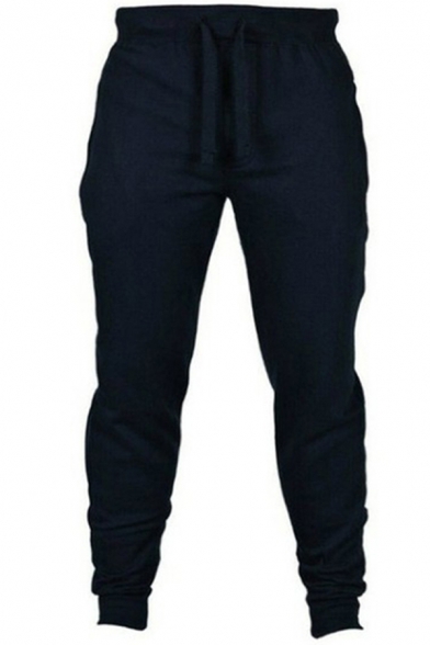 Mens Pants Simple Solid Color Drawstring Waist Breathable Cuffed Slim Fit 7/8 Length Tapered Jogger Pants