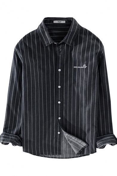 Mens Shirt Creative Pinstripe Pattern Bird Letter Embroidery Button down Long Sleeve Spread Collar Regular Fit Shirt