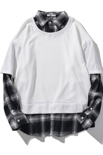 Mens Tee Top Stylish Plaid Print Faux Twinset Turn-down Collar Loose Fitted Long Sleeve Tee Top