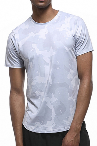 Mens Workout Tee Top Chic Camouflage Short Sleeve Round Neck Slim Fitted Quick Dry Tee Top