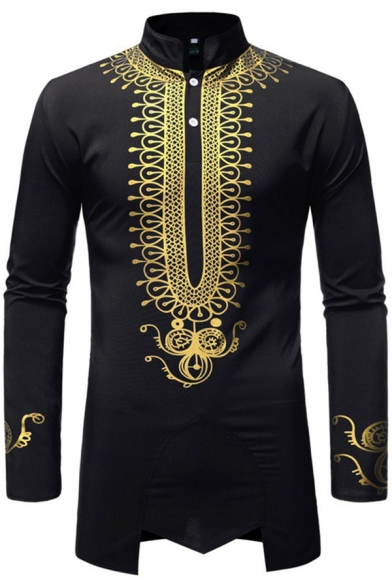 Novelty Mens T-Shirt Gilding Pattern African Style Button Design Asymmetric Cut Hem Long Sleeve Stand Collar Slim Fitted Tunic Tee Top