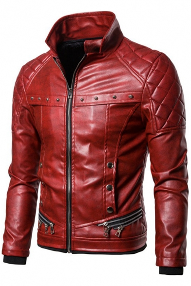 Retro Mens Jacket Rivets Zipper Decorated Detachable Fur-Trimmed Slim Fit Long Sleeve Turn-down Collar Leather Jacket