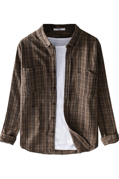 Retro Mens Shirt Plaid Pattern Purified Cotton Long Sleeve Button down Collar Regular Fit Shirt