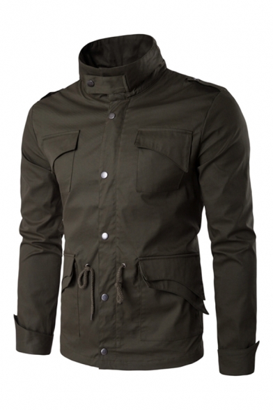 Stylish Solid Zip Button Casual Long Sleeve Drawstring Waist Blouson Jacket
