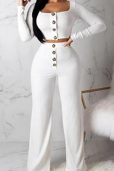Trendy Women's Co-ords Solid Color Button Closure Square Neck Long Sleeve Slim Fitted T-Shirt and Pants Set