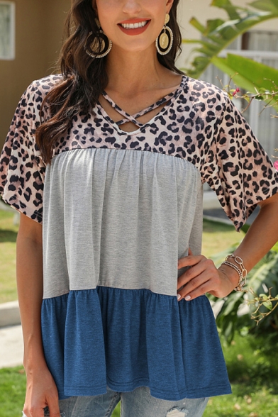Unique Womens Tee Top Leopard Print Colorblock Patchwork Cross-Strap V Neck Short Sleeve T-Shirt