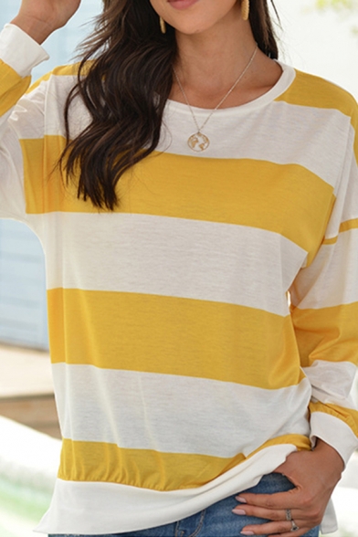 Vigorous Womens T-Shirt Horizontal Stripe Pleated-Cuff Side Slit Round Neck Long Sleeve Loose Tee Top