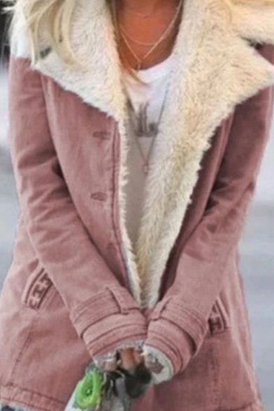 Warm Stylish Ladies' Long Sleeve Turn Down Collar Button Down Pocket Side Sherpa Liner Plain Relaxed Coat