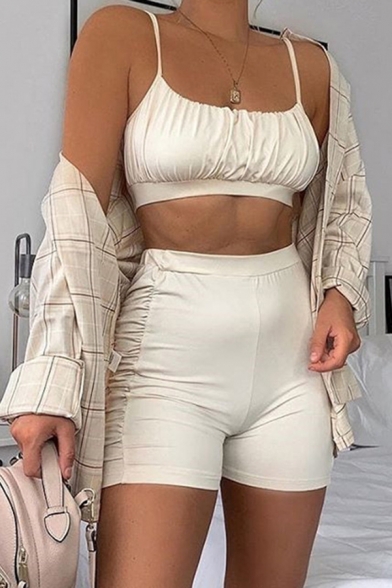 Womens Co-ords Trendy Solid Color Ruched-Bust Detail Sleeveless Spaghetti Strap Cropped Camisole Slim Fitted Shorts Co-ords