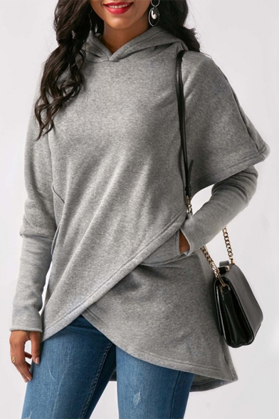 Womens Designer Plain Gray Long Sleeve Tunic Irregular Hoodie