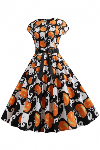 Womens Dress Trendy Checkered Owl Pumpkin Ghost Candy Cane Print Bow Tie Waist Midi A-Line Slim Fitted Round Neck Short Sleeve Swing Dress