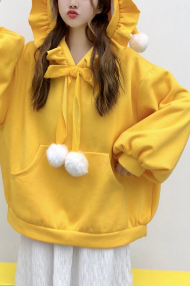 Womens Hoodie Trendy Plain Fuzzy-Ball Drawstring Kangaroo Pocket Ruffle Trim Loose Fit Long Sleeve Hooded Sweatshirt