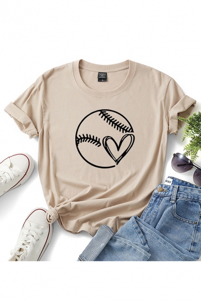 Womens Tee Top Creative Softball Heart Pattern Crew Neck Relaxed Fit Short Sleeve Tee Top