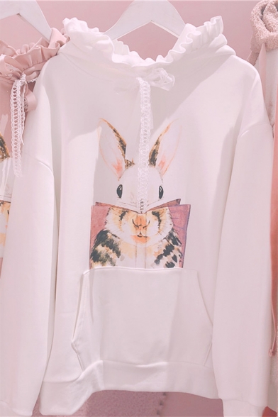 Cartoon Rabbit Pattern Stringy Selvedge Trimmed Hood Pouch Pocket Casual Hoodie