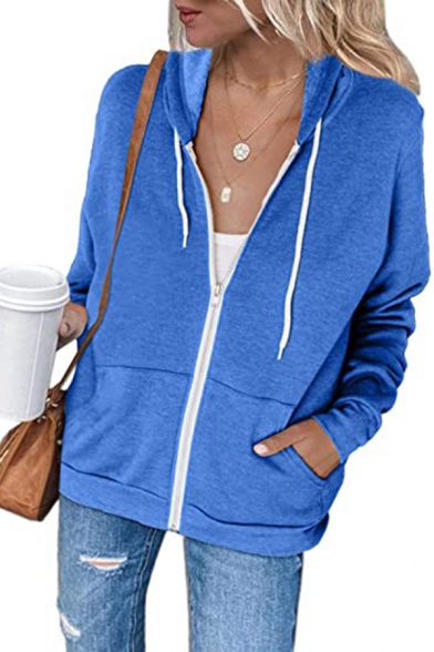 Casual Women's Jacket Solid Color Drawstring Hooded Front Pockets Zip Closure Long Sleeves Jacket