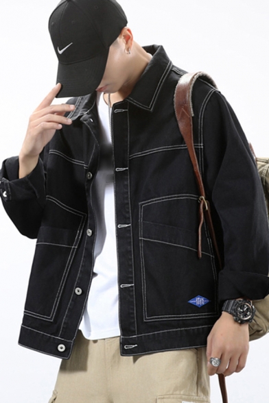 Classic Mens Jacket Contrasted Topstitching Button-down Long Sleeve Turn-down Collar Loose Fitted Denim Jacket