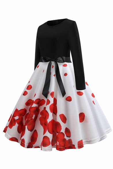 Classic Womens Dress Rose Petal Print Bow Tie Waist Long Sleeve Midi A-Line Slim Fitted Round Neck Swing Dress