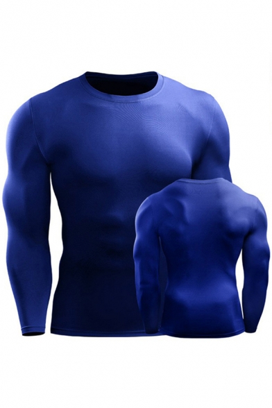 Cool Mens T-Shirt Plain Quick-Dry Stretch Skinny Fitted Round Neck Long Sleeve Breathable T-Shirt