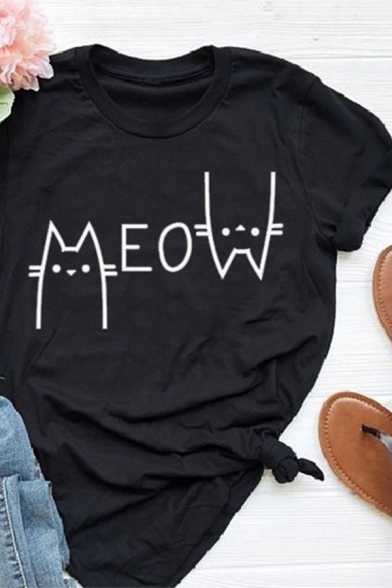 Creative Street Letter MEOW Cat Print Basic Short Sleeve Relaxed T-Shirt