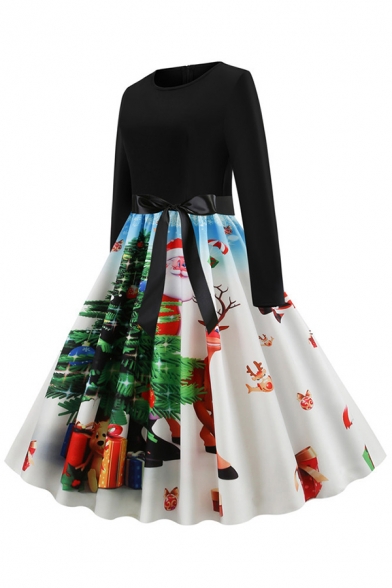 Creative Womens Dress Santa Claus Snowman Tree Snowflake Gift Pattern Bow Tie Waist Midi A-Line Slim Fitted Round Neck Long Sleeve Swing Dress