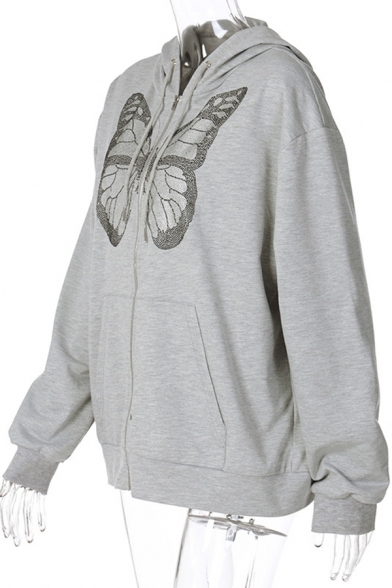 Creative Womens Hooded Sweatshirt Butterfly Pattern Kangaroo Pocket Zipper Fly Drawstring Regular Fitted Long Sleeve Hoodie