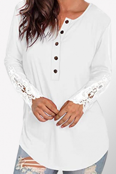Elegant Women's T-Shirt Lace Trims Button Details Round Neck Long Sleeves Regular Fit Henley Tee Top