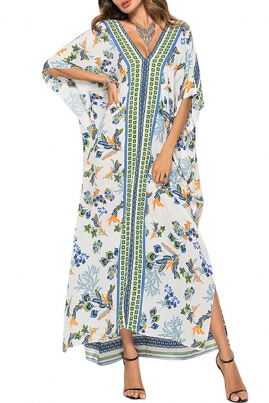 Exotic Boho Chic Womens Kaftan Botanic Print Half Sleeve V-Neck Loose Fitted Maxi Dress