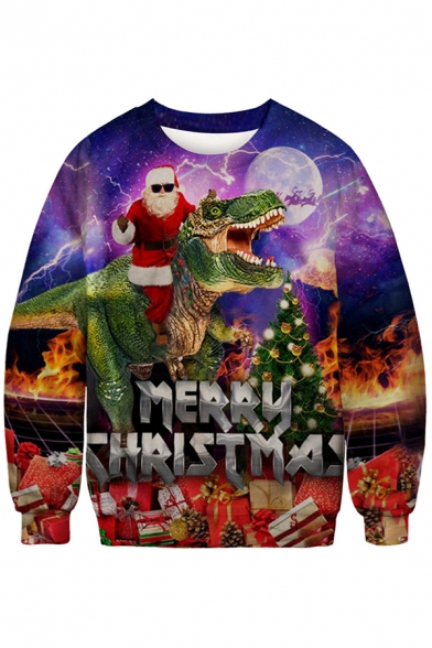 Funny 3D Santa Claus Dinosaur Pattern Round Neck Long Sleeve Purple Sweatshirt