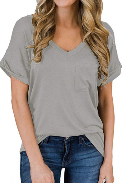 Leisure Tee Top Solid Color Chest Pocket Rolled Hem V Neck Short-sleeved T-Shirt for Women