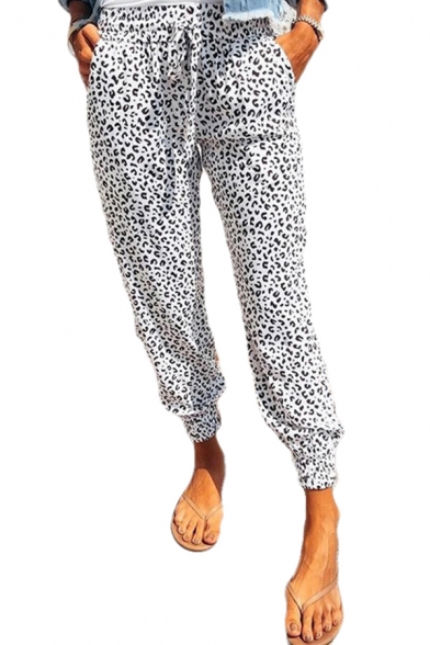 Leisure Women's Pants Leopard Print Drawstring Waist Cuffed Ankle Taper Fit Trousers