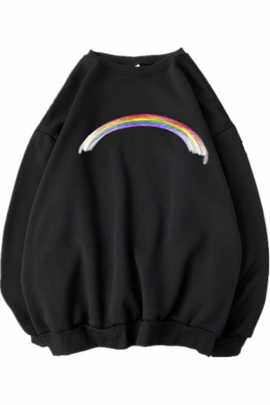 Mens Sweatshirt Trendy Doodle Rainbow Pattern Drop Shoulder Loose Fit Long Sleeve Crew Neck Pullover Sweatshirt