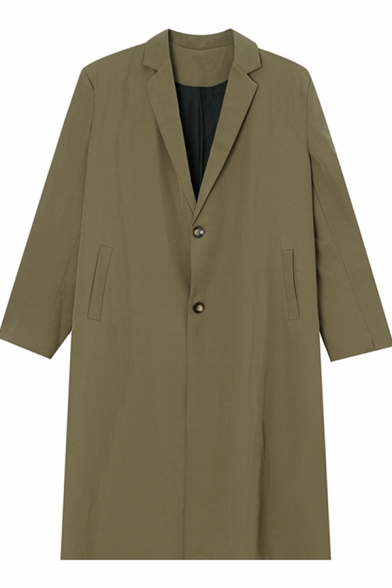 Mens Trench Coat Stylish Solid Color Two-Button Long Sleeve Lapel Collar Loose Fit Trench Coat